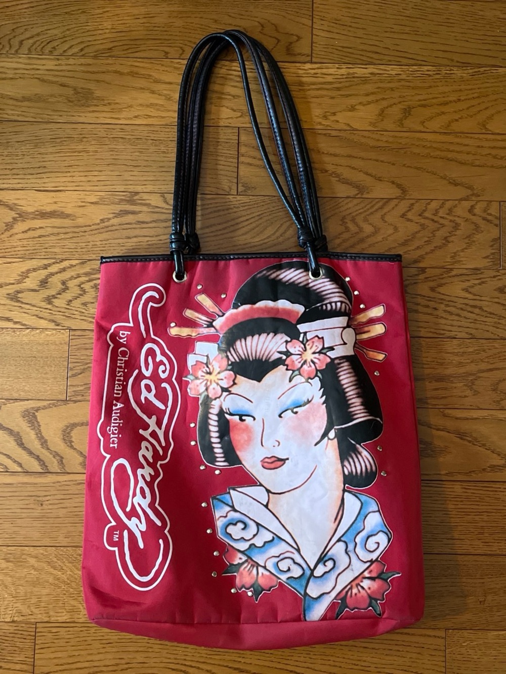 Ed Hardy Red Geisha Print Tote with Black Leather Straps